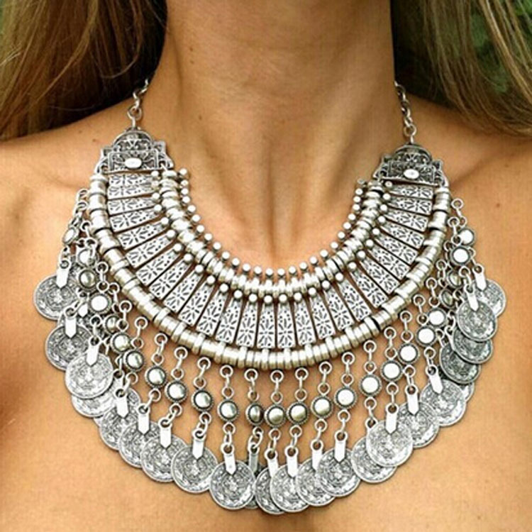 European Fashion Retro Carved Coin Tassel Necklace（silvery-nl22071801）