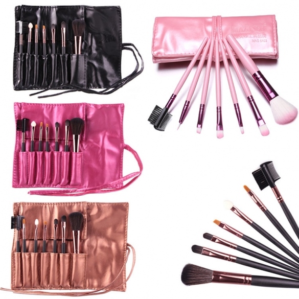 7 Pieces Travel Makeup Brush With Faux Leather Roll Pouch Bag