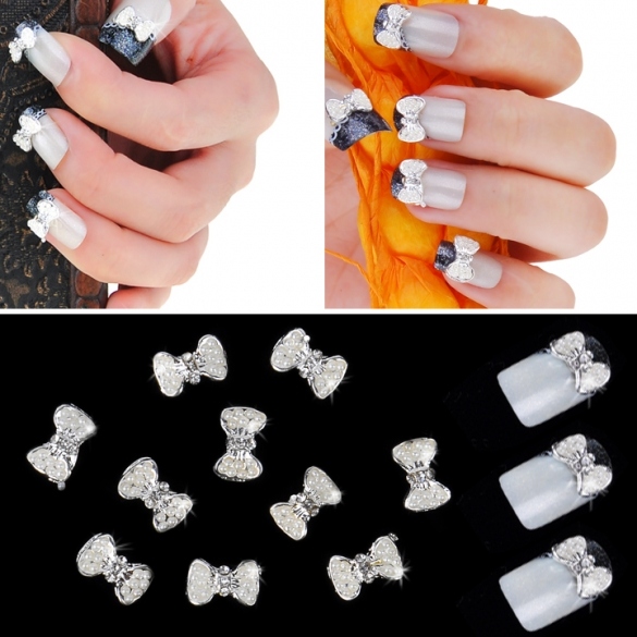 Silver Bowknot Nail Art Glitters Slices DIY Decoration Alloy Rhinestones 10pcs