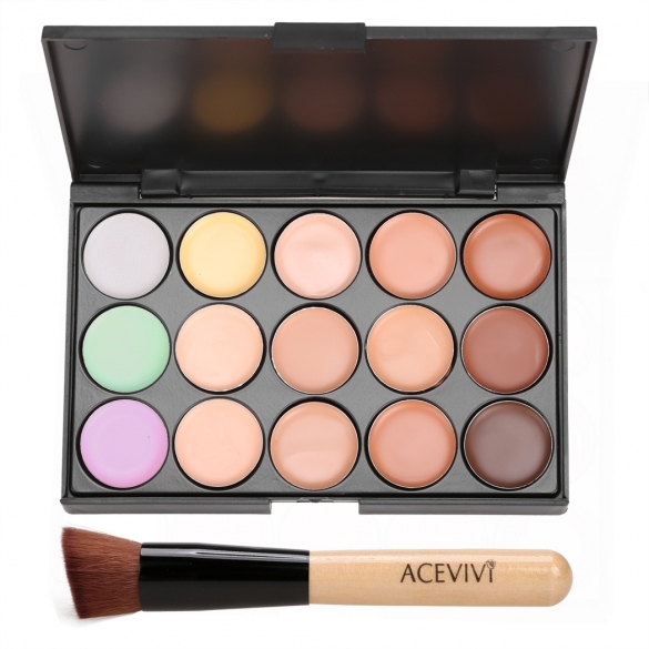 ACEVIVI 15 Colors Makeup Face Cream Concealer Palette + Powder Brush