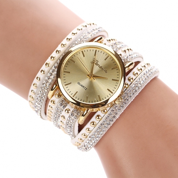 Fashion Rhinestone Rivet Circle Belt Synthetic Leather Bracelet Watch Wrist Watch