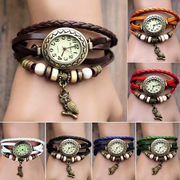 Women Leather Wrist Watch Bracelet Retro Owl Pendant Weave Wrap Quartz