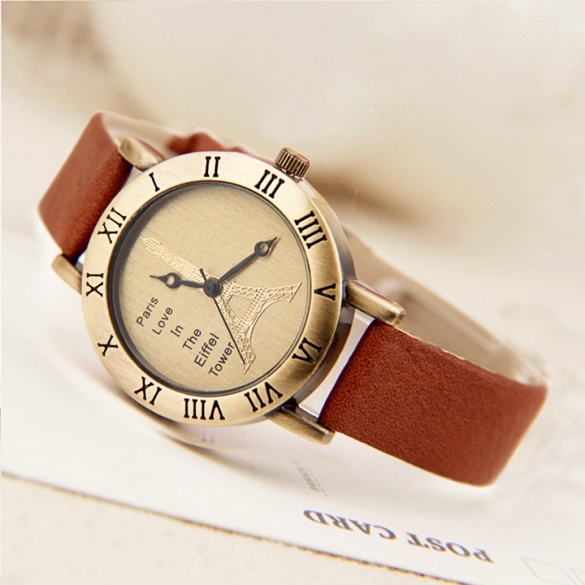 Vintage Quartz The Tower Bronze Dial Synthetic Leather Bracelet Unisex Wrist Watch