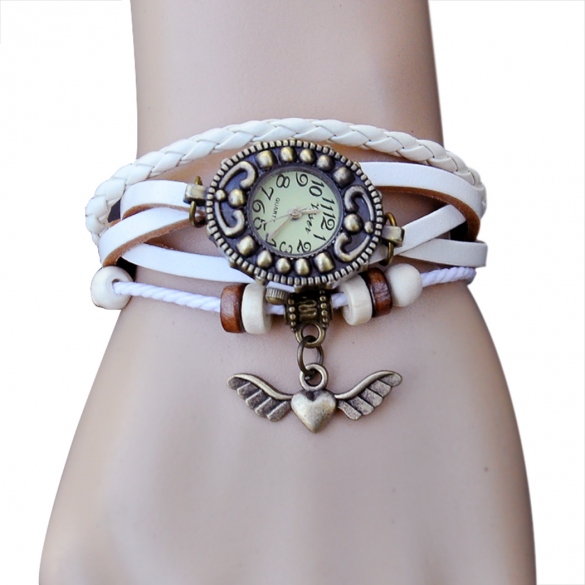 Women's Vintage Style Bronze Angel Heart Weave Wrap Synthetic Leather Bracelet Wrist Watch
