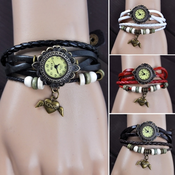 Women's Vintage Style Bronze Angel Heart Hollow Carved Leather Hand-woven Bracelet Watch