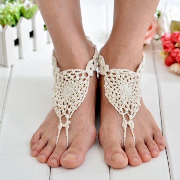 Fashion Women Hand-made Knit Crochet Hollow Out Beads Lace Up Casual Beach Anklets Bracelets