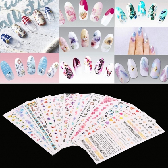 12 Sheet Nail Art Design Water Transfer Nails Sticker Colorful Nails Wraps Decals