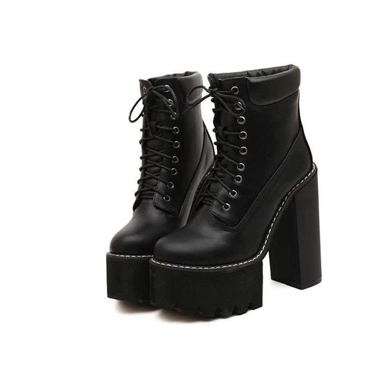 Cool Round Head Block Color Chunky High-heeled Boots on Luulla