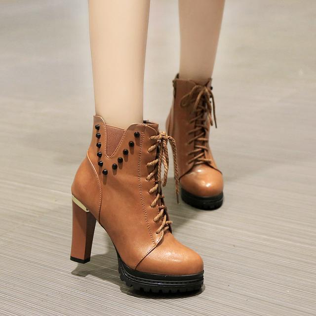 Patent Leather Chunky High Heel Boots With Studs On The Side