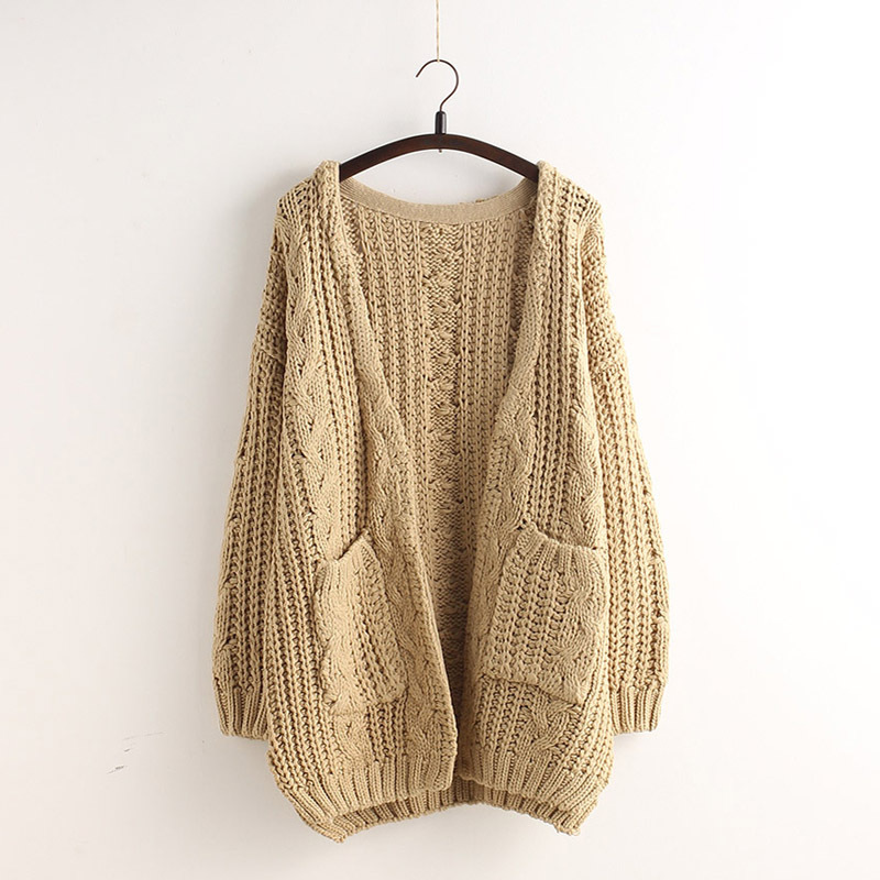 Cable Loose Pockets Knit Long Cardigan on Luulla