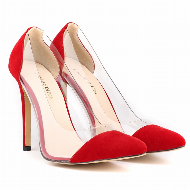 Women All-match Wedding High Heel Shoes Pointed Toe Solid Color Women  Leather Pumps Red Bottom Women Super High Heels