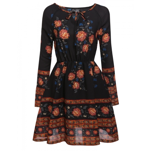 Women's Bohemian Style O-neck Long Sleeve Floral Casual Dress