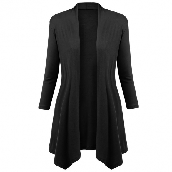 Women Casual 3/4 Sleeve Solid Pattern Asymmetric Hem Cardigan Outwear