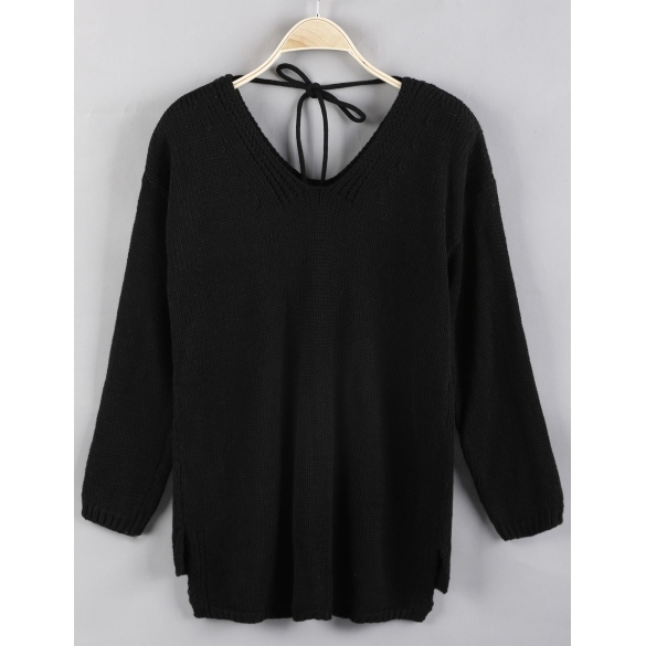 Fashion Women's V-neck Long Sleeve Solid Loose High Low Hem Sweater