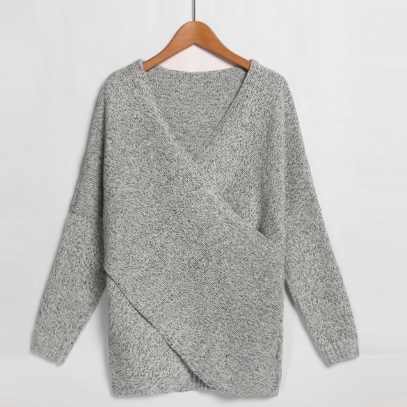 Fashion Women's V-neck Drop-shoulder Sleeve Cross Wrap Pullover Sweater