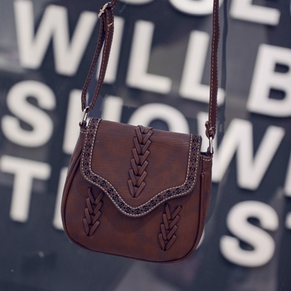 Women Synthetic Leather Messenger Bag Weave Hollow Soft Flap Casual