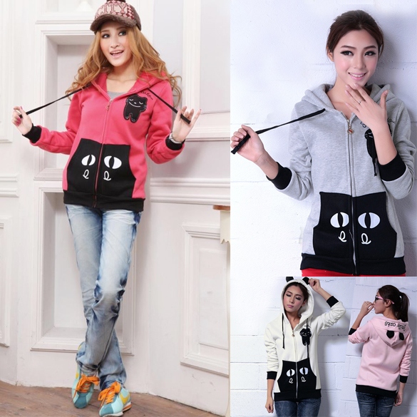 Women's Girls Fashion Cute Zip Ear Hoodie Cat Long Hooded Sweatshirt Coat Outwear