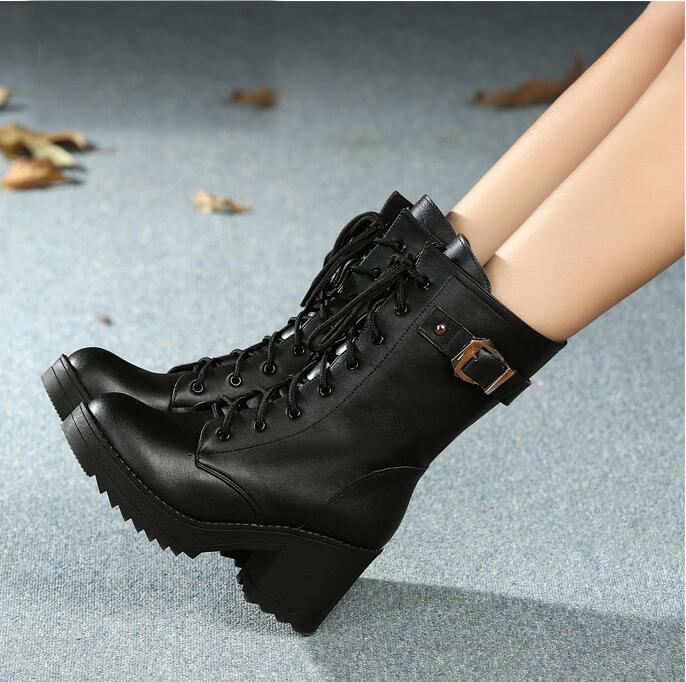 High Heeled Side Zipper Leather Buckle Martin Boots
