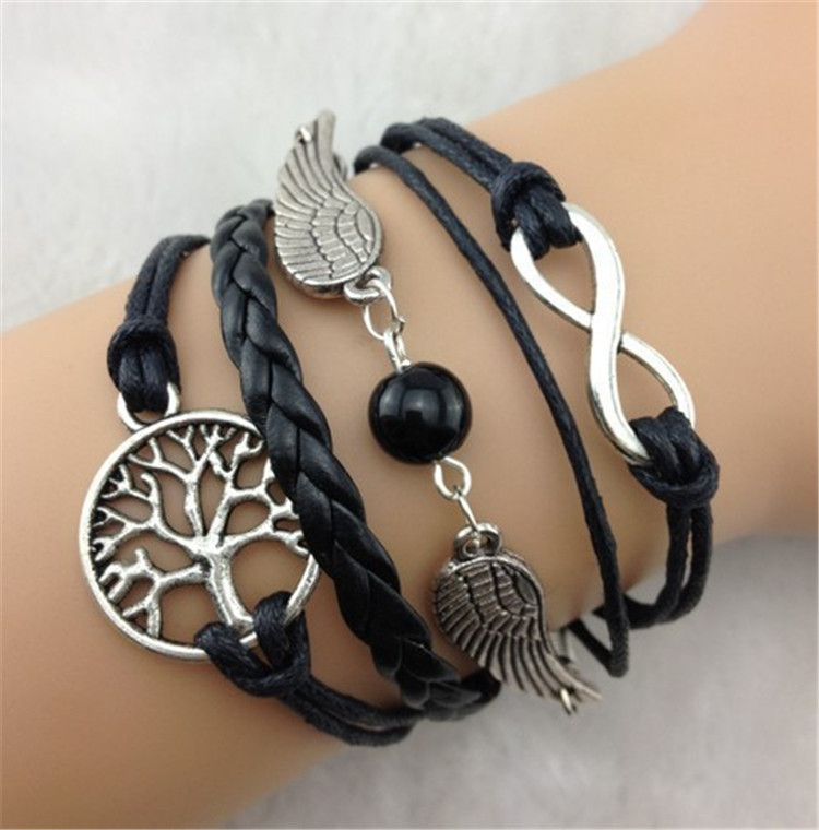 Multiple Wings With Pearl Fashion Leather Cord Bracelet