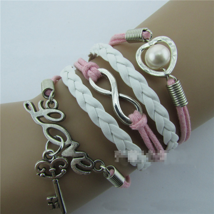 Love Hearts Key Pearl Hand-made Leather Cord Bracelet