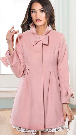 Bowknot Long Sleeves Stand Collar Pure Color Flare Slim Coat