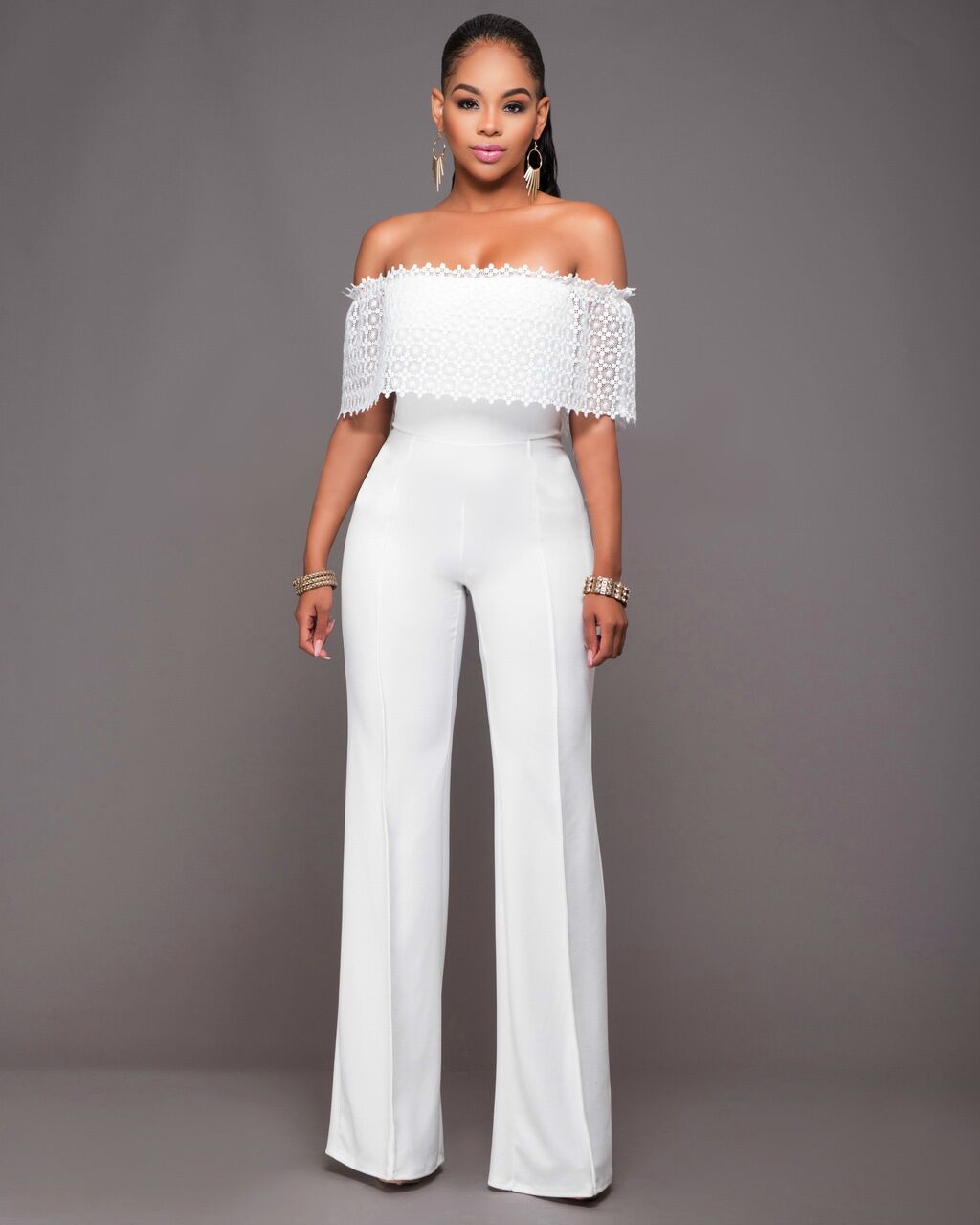 Sexy White Off Shoulder Lace Long Club Jumpsuit