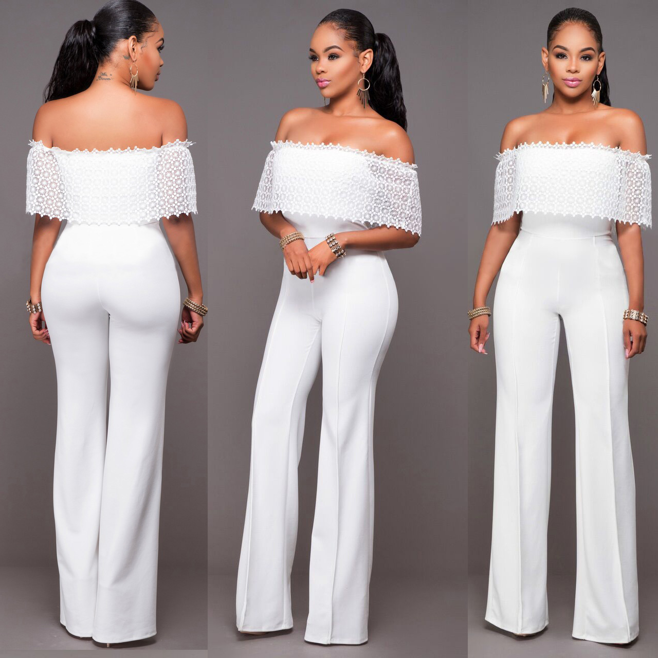 Sexy White Off Shoulder Lace Long Club Jumpsuit On Luulla