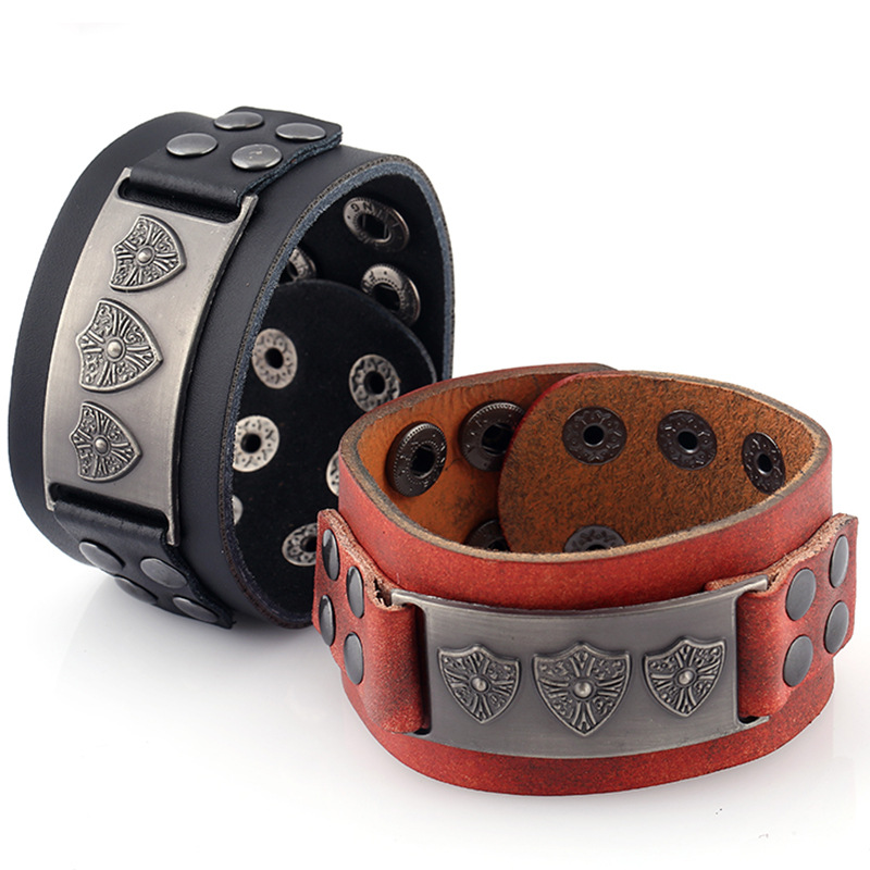 large shield leather cuff bracelet