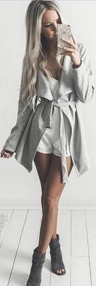 Fashion Gray Belt Lapel Long Coat