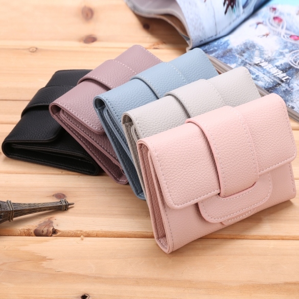 Fashion Women's Solid Trifold Wallet Coin Purse Card Holder With Strap Hasp Closure