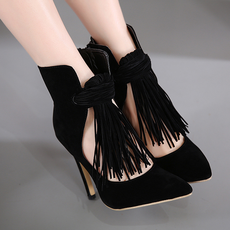 Women's Stiletto High Heel Ankle Boots with Tassel Pointy Toe