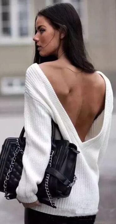 Sexy Loose Backless Deep V White Sweater