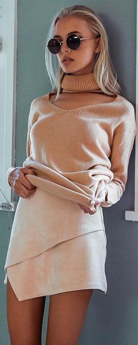 Loose Turtle Neck Hollow Out V Neck Pure Color Sweater