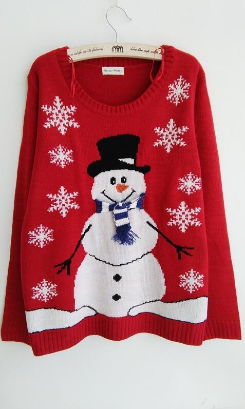 Red Christmas Deer Snowflake Scoop Long Sleeve Sweater