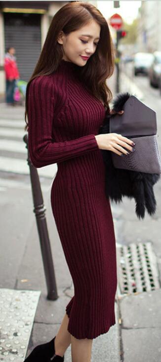 Fashion Ribbed High Neck Long Sleeve Knit Long Sweater Dress