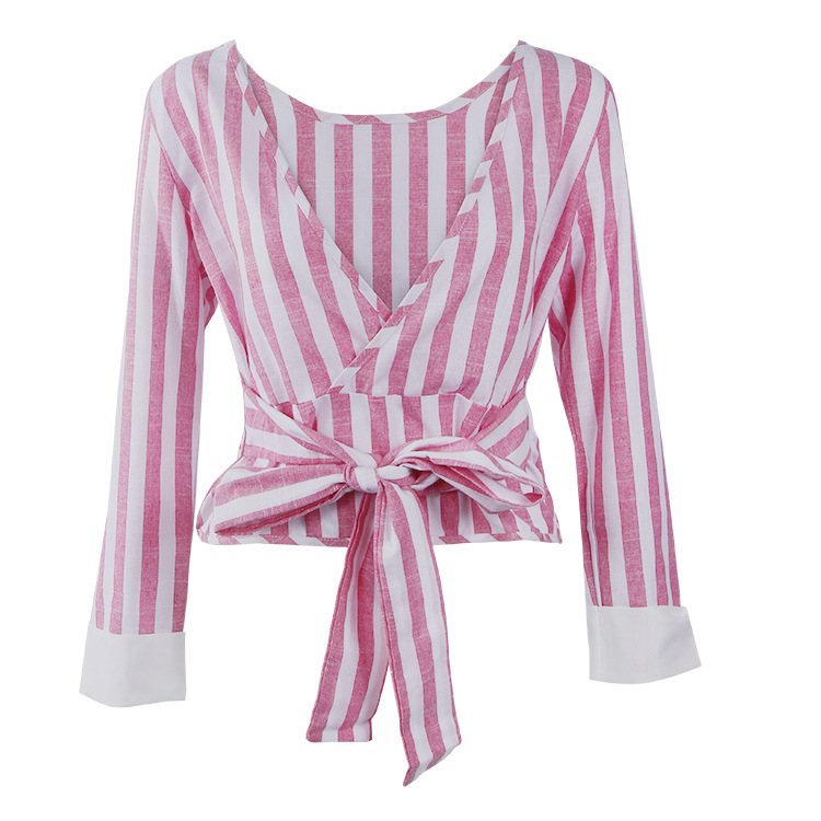 Striped Long Sleeved Blouse Featuring Plunge V Back And Bow Accent