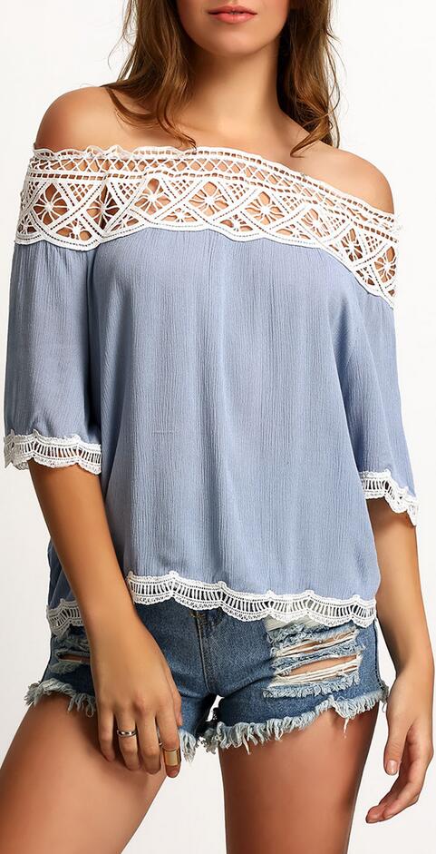 Off-shoulder 1/2 Sleeve Lace Patchwork Chiffon Loose Blouse