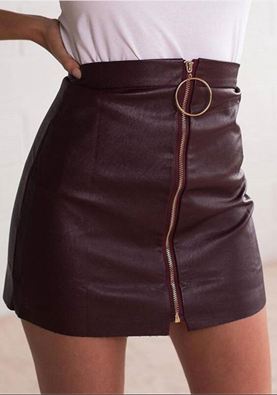 Ring Decorate Front Zipper Black Short Pu Skirt on Luulla