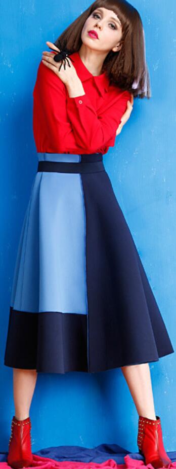 Contrast Color High Waist Pleated Long A-line Skirt