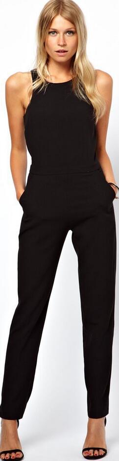 Black Scoop Sleeveless Hollow Out Back Long Jumpsuit