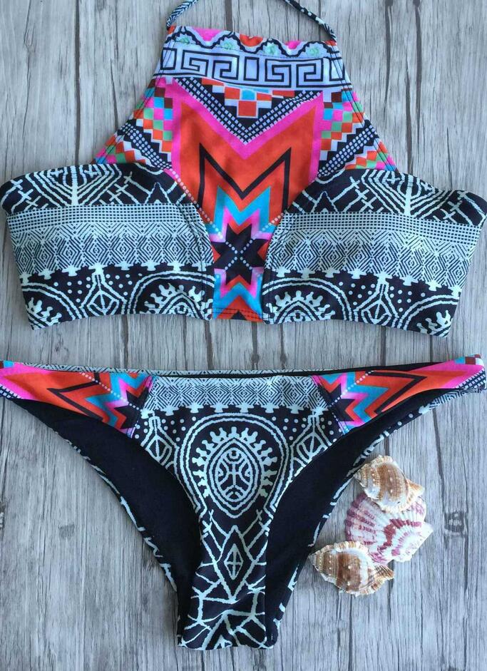 Bohemian Style Print Halter Padded Bikini Set