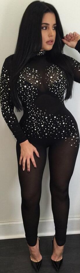Sexy Long Sleeve Mesh Crystal See-Through Long Jumpsuits