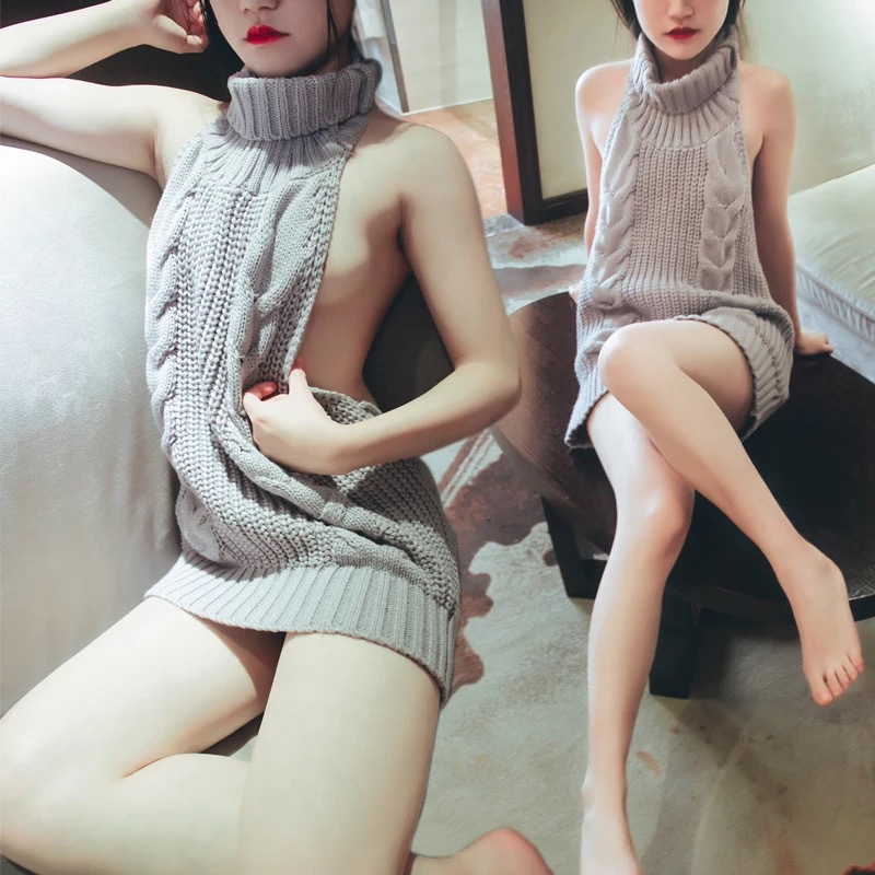 Gray Fashion Backless Turtleneck Sleeveless Sweater Dress
