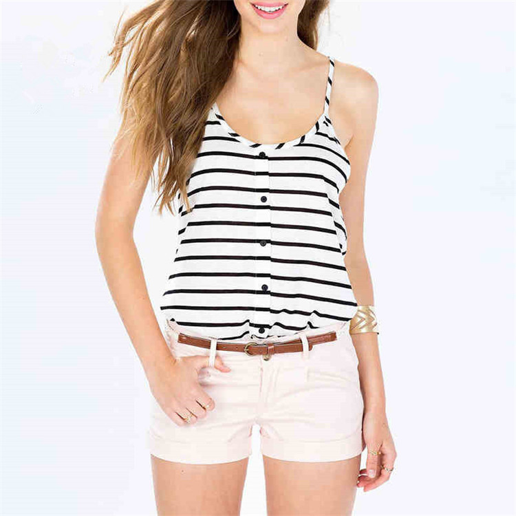 Black Striped White Scoop Neck Cami Top Featuring Racer Back