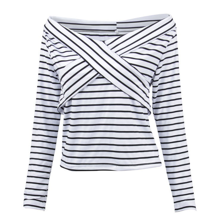 Black And White Striped Off-the-shoulder Long Sleeved Top