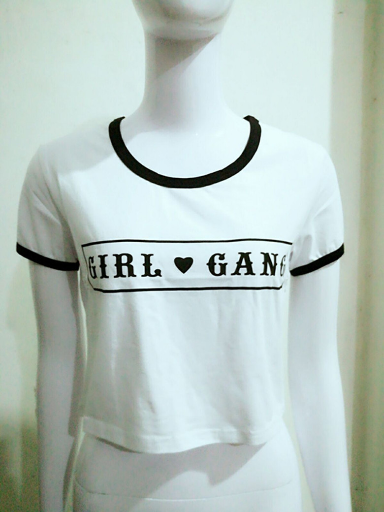‘girl Gang’ Slogan White Crop Tee Featuring Crew Neckline