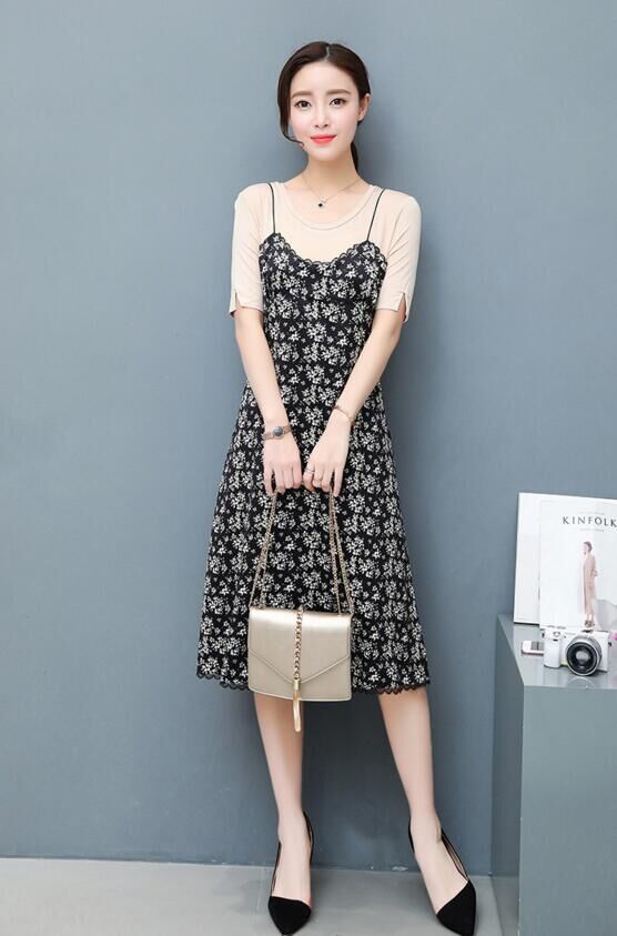 Chiffon Floral Short Sleeve Two Pieces Set Dress