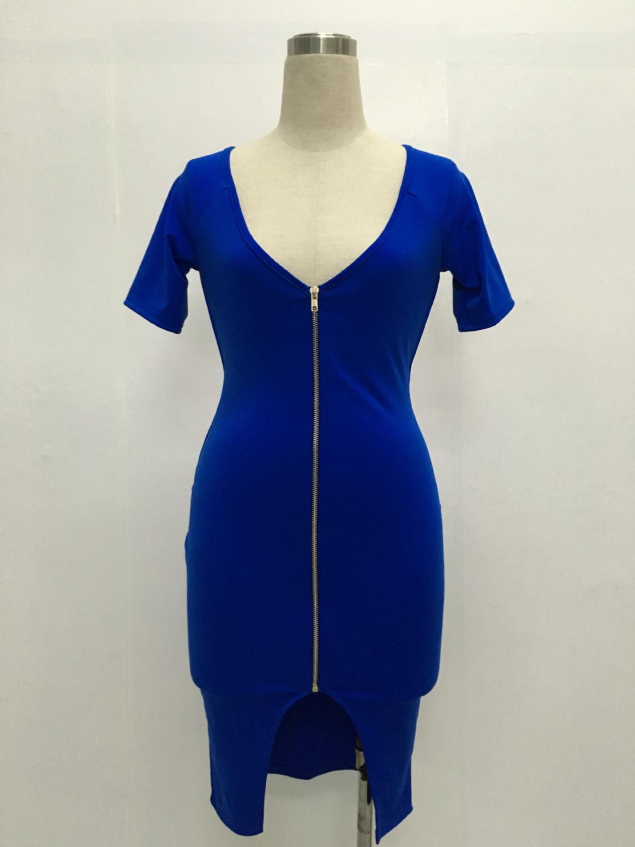 Sexy V-neck Backless Pure Color Short Sleeves Bodycon Dress