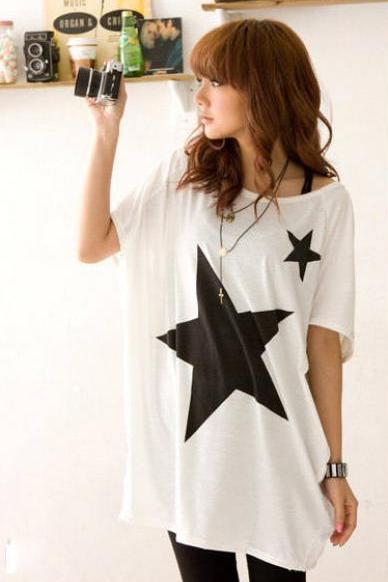 Star Pattern Loose Cotton Short Sleeve T-shirt