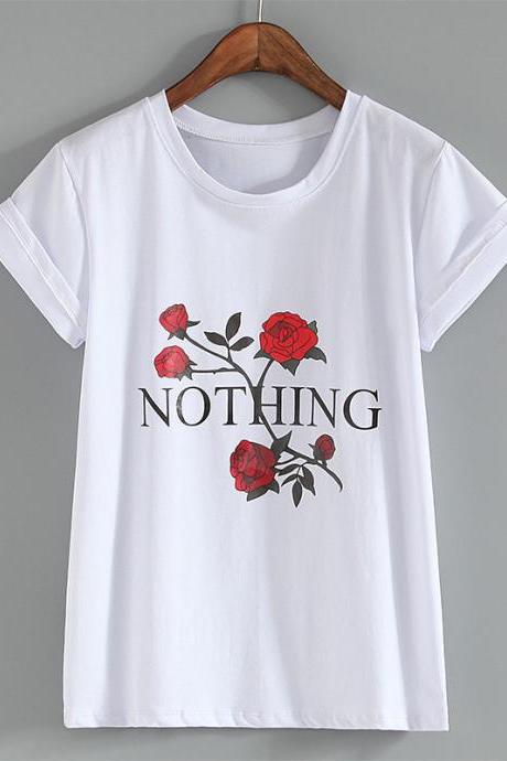 White Round Collar T Shirt With Rose And Letter Graphic T Shirt